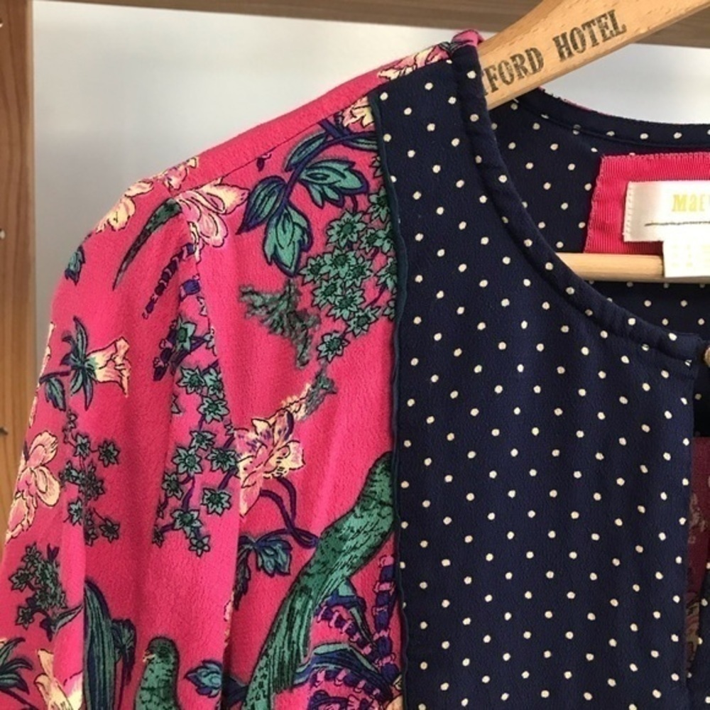 Anthropologie Maeve Pink Navy Blue Floral Bird Print Long Sleeve Tunic Dress 4 - Picture 6 of 13